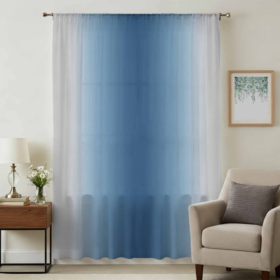Navy Blue Grey Ombre Sheer Curtains 45 Inches Long, Farmhouse Gradient Minimalist Light Filering Curtains, Breathable Simi Curtain Privacy Drapes for Kitchen Bathroom Small Window Treatment
