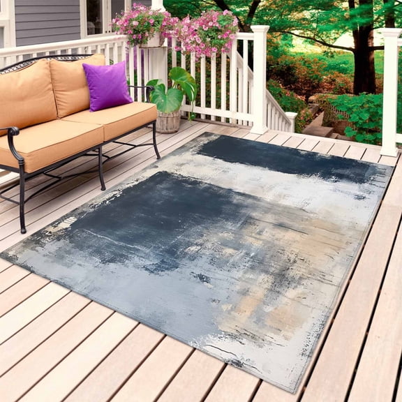 Navy Blue Grey Outdoor Rug for Patio/Deck/Porch, Non-Slip Large Area Rug 4 x 6 Ft, Modern Abstract Art Rustic Indoor Outdoor Rugs Washable Area Rugs, Reversible Camping Rug Carpet Runner