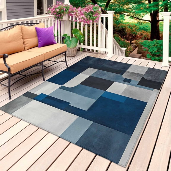 Navy Blue Grey Outdoor Rug for Patio/Deck/Porch, Non-Slip Large Area Rug 5 x 8 Ft, Modern Abstract Geometric Vintage Indoor Outdoor Rugs Washable Area Rugs, Reversible Camping Rug Carpet Runner