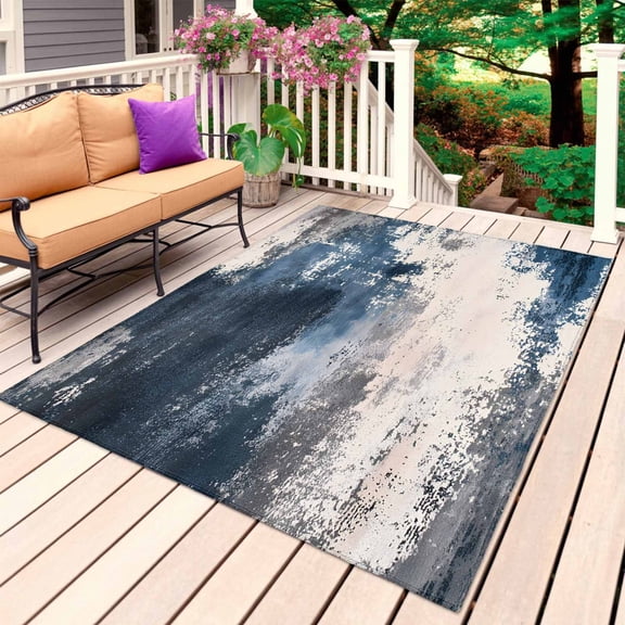 Navy Blue Grey Outdoor Rug for Patio/Deck/Porch, Non-Slip Large Area Rug 6 x 9 Ft, Modern Abstract Art Farmhouse Indoor Outdoor Rugs Washable Area Rugs, Reversible Camping Rug Carpet Runner