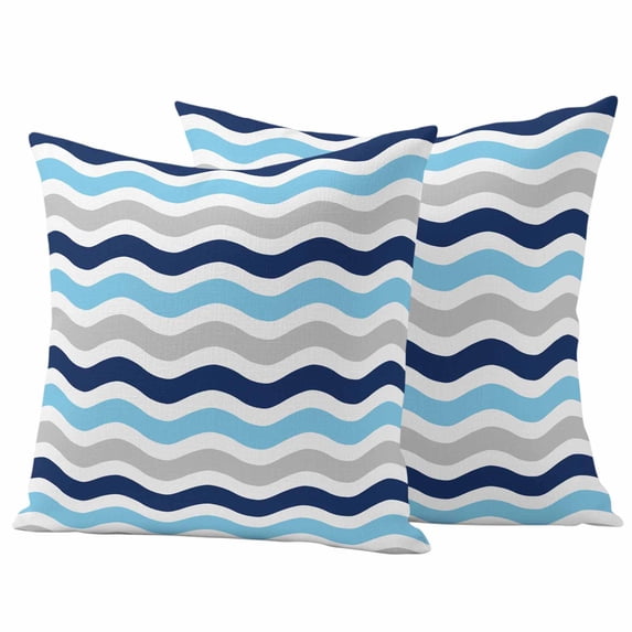 Navy Blue Grey Outdoor Waterproof Pillow Covers, Abstract Geometric Ocean Wave Stripe Decorative Square Throw Pillowcase Sofa Cushion Sham for Patio/Couch/Chair, 16"x16" 2 Pack