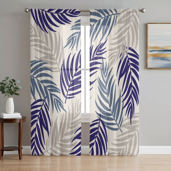 Navy Blue Grey Palm Leaves Sheer Curtains 84 Inch Length 2 Panels Set, Tropical Summer Beach Voile Window Treatment Rod Pocket Curtains Sheers Drapes for Bedroom/Living Room/Kitchen 52"x84"x2
