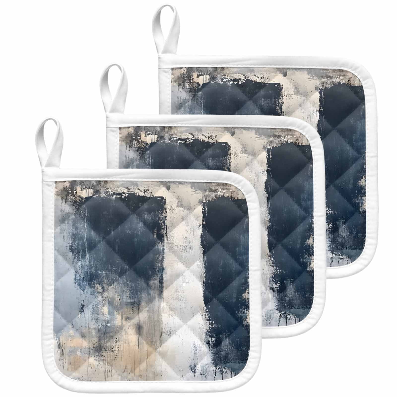 Navy Blue Grey Pot Holders for Kitchen Heatproof Potholder, 3 Pack Modern Abstract Art Rustic Hot Pads Multipurpose Oven Pads Cloth Potholders Trivet for Cooking Baking