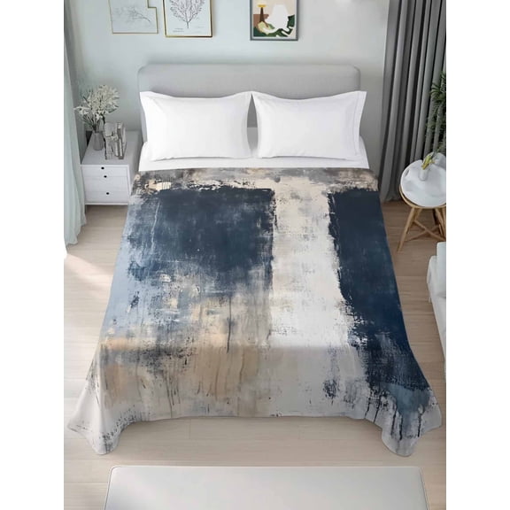 Navy Blue Grey Queen Size Flat Sheet, Wrinkleproof & Fadeproof Cooling Flat Bed Sheet Only, Modern Abstract Art Rustic Breathable Soft Bedding Top Sheets 90 x 102 Inches
