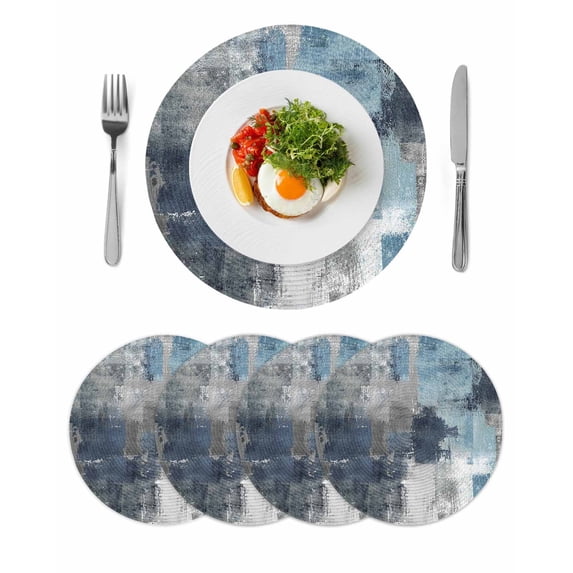 Navy Blue Grey Round 13 Inch Placemats Set of 4, Modern Oil Painted Abstract Art Aesthetics HeatResistant Non Slip Place Mats for Dining Table, Wipeable Braided Kitchen Table Mats for Housewarming