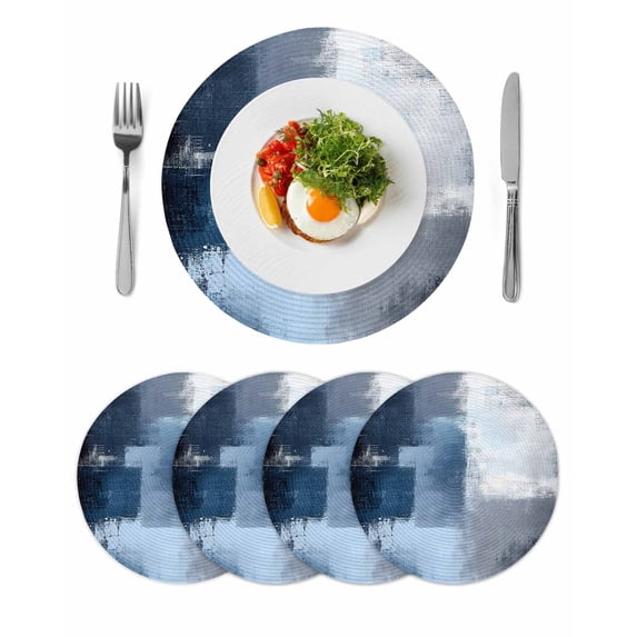 Navy Blue Grey Round 15 Inch Placemats Set of 4, Modern Ombre Oil Painted Abstract Art HeatResistant Non Slip Place Mats for Dining Table, Wipeable Braided Kitchen Table Mats for Housewarming