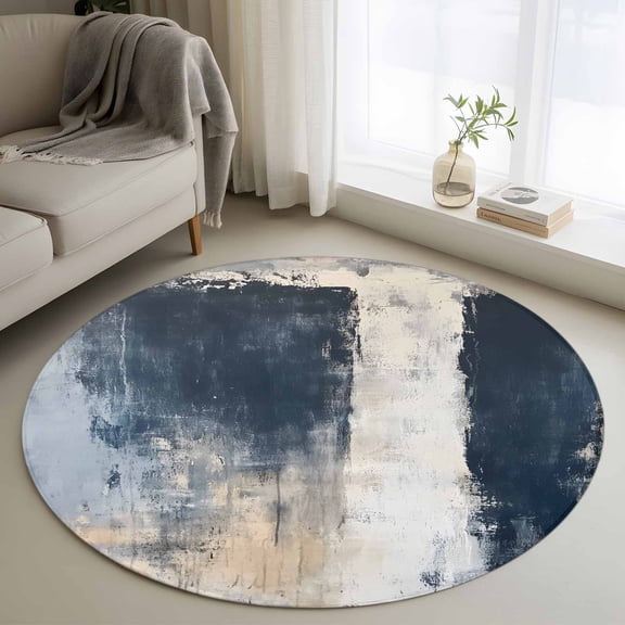 Navy Blue Grey Round Area Rug 4ft, Modern Abstract Art Rustic Washable Non-Slip Circle Rugs for Bedroom Living Room Kitchen, Soft Non Shedding Circle Carpet for Dining Room Dorm