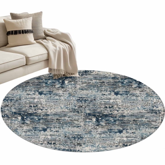 Navy Blue Grey Round Area Rugs 3 ft, Abstract Modern Boho Mottled Vintage Washable Small Area Rug with Non-Slip Sturdy Edge Binding Round Front Door Mat Floor Carpet for Entryway