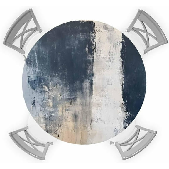 Navy Blue Grey Round Tablecloth, Fitted Table Cover with Elastic for 36"-44" Round Tables, Modern Abstract Art Rustic Table Cloth Outdoor Indoor Dinning Party Waterproof Tablecloths