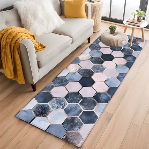 Navy Blue Grey Runner Rug 2x6 FT, Non Slip Hallway Rugs, Modern Abstract Art Geometric Washable Soft Floor Carpet Non-Shedding Throw Runner Carpet Long Rug for Entryway Kitchen Bedside Sliding Door