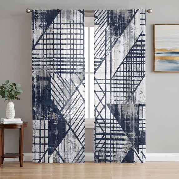 Navy Blue Grey Sheer Curtains 63 Inch Length 2 Panels Set, Geometric Abstract Art Modern Minimalist Voile Window Treatment Rod Pocket Curtains Sheers Drapes for Bedroom/Living Room/Kitchen 52x"63"x2