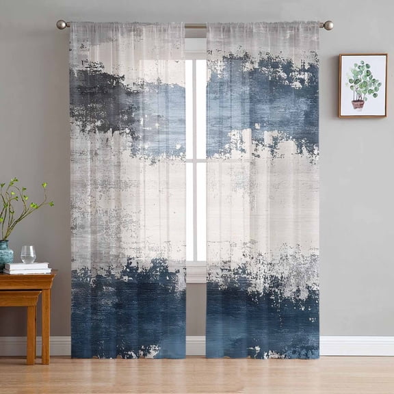 Navy Blue Grey Sheer Curtains 84 Inch Length 2 Panels Set for Living Room/Bedroom, Modern Abstract Art Retro Semi Curtain Sheers Drapes Rod Pocket Curtains Window Treatment Set 52''x84''x2