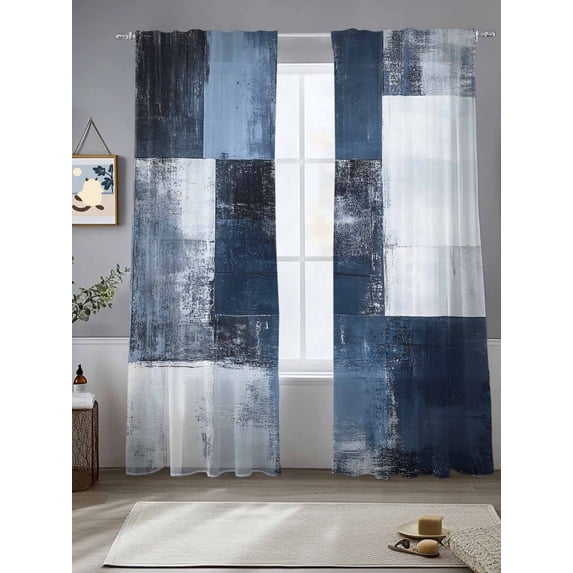 Navy Blue Grey Sheer Curtains 84 Inches Long 2 Panels Abstract Painting Art Modern Graffiti Geometric Light Filtering Semi Sheer Window Curtains Drapes for Bedroom Living Room 52"x84"