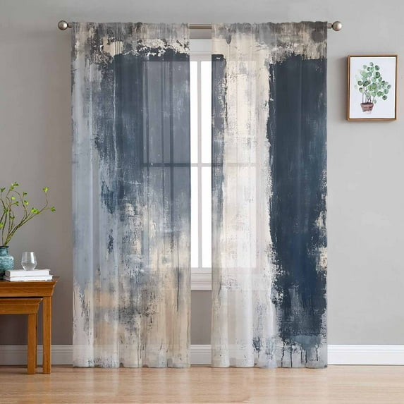 Navy Blue Grey Sheer Curtains 96 Inch Length 2 Panels Set for Living Room/Bedroom, Modern Abstract Art Rustic Semi Curtain Sheers Drapes Rod Pocket Curtains Window Treatment Set 52''x96''x2