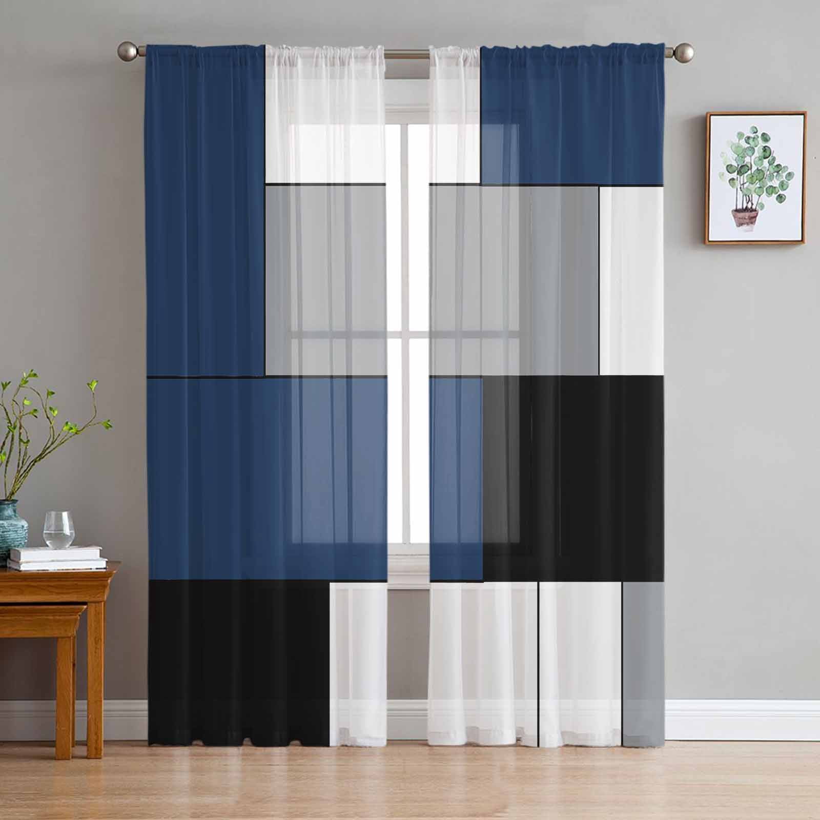 Navy Blue Grey Sheer Curtains 96 Inches Long 2 Panels Set, Window Sheer ...