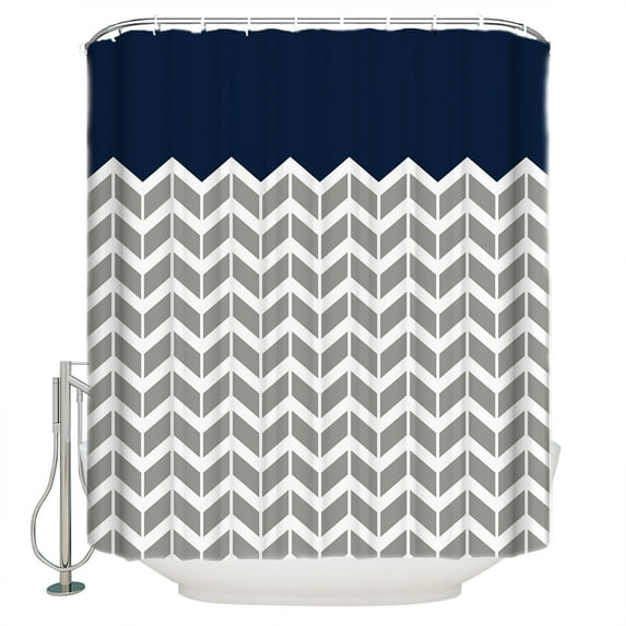 Navy Blue Grey Shower Curtain, 36" x 72", Herringbone Abstract Waterproof Bathroom Curtain Washable Shower Curtain Set with 12 Hooks