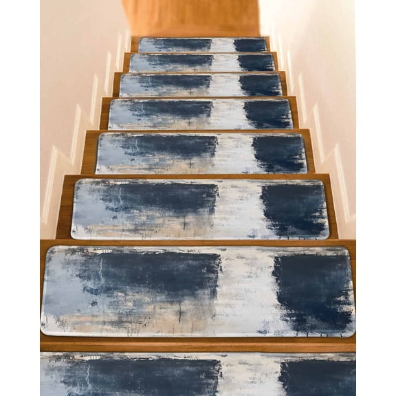 Navy Blue Grey Stair Treads for Wooden Steps Indoor Runner Rug Carpet, Modern Abstract Art Rustic 7 Pieces Peel and Stick Staircase Step Treads Covers Washable Throw Door Mats, 30"x8"