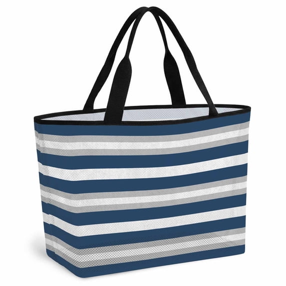 Navy Blue Grey Stripe Beach Bag for Women, Large Breathable Mesh Beach Tote Bag, Minimalist Farmhouse Striped Sandproof Lightweight Travel Bags for Vacation Picnic Swimming Pool 15.7"x15.7"x9.1"