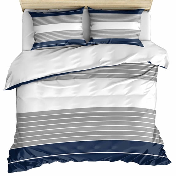 Navy Blue Grey Stripe Bedding 3 Piece Duvet Cover Set Queen Size, Modern Art Horizontal Striped Soft Microfiber Comforter Cover with Zipper Closure & Pillowcases, Wrinkle & FadeResistant Quilt Cover