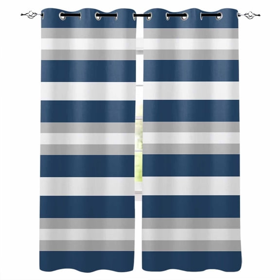 Navy Blue Grey Stripe Blackout Curtains for Bedroom, Farmhouse Modern Art Striped Room Darkening Window Drapes for Living Room, Thermal Insulated Grommet Curtains, 42x63 inch, 2 Panels