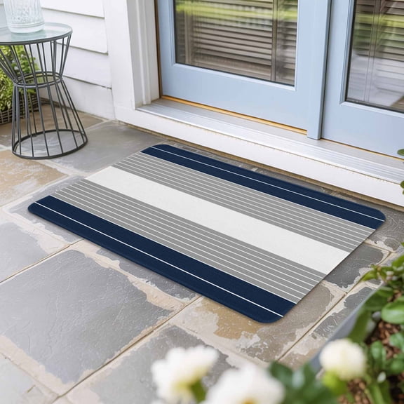 Navy Blue Grey Stripe Door Mat Indoor Outdoor, Modern Art Horizontal Striped Non Slip Welcome Mat with Rubber Backing, Absorbent Fabric Front Door Mats Entryway Rug for Home Patio Entrance 24"x36"
