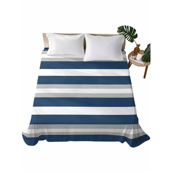 Navy Blue Grey Stripe Flat Sheets Only King Size, Soft Breathable Bed Top Sheets for Mattress, Minimalist Farmhouse Striped Luxury Bedding Flat Sheets for Home Hotel Bedroom Bed Protection