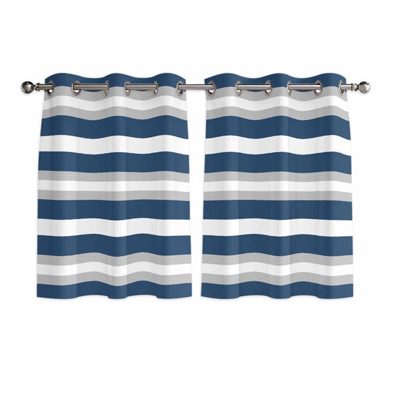 Navy Blue Grey Stripe Kitchen Curtains Short 45 Inch Length, Minimalist Farmhouse Striped Grommet Top Bedroom Living Room Curtains, Light Filtering Cafe Curtain Drapes 2 Panels Set 84''x45''