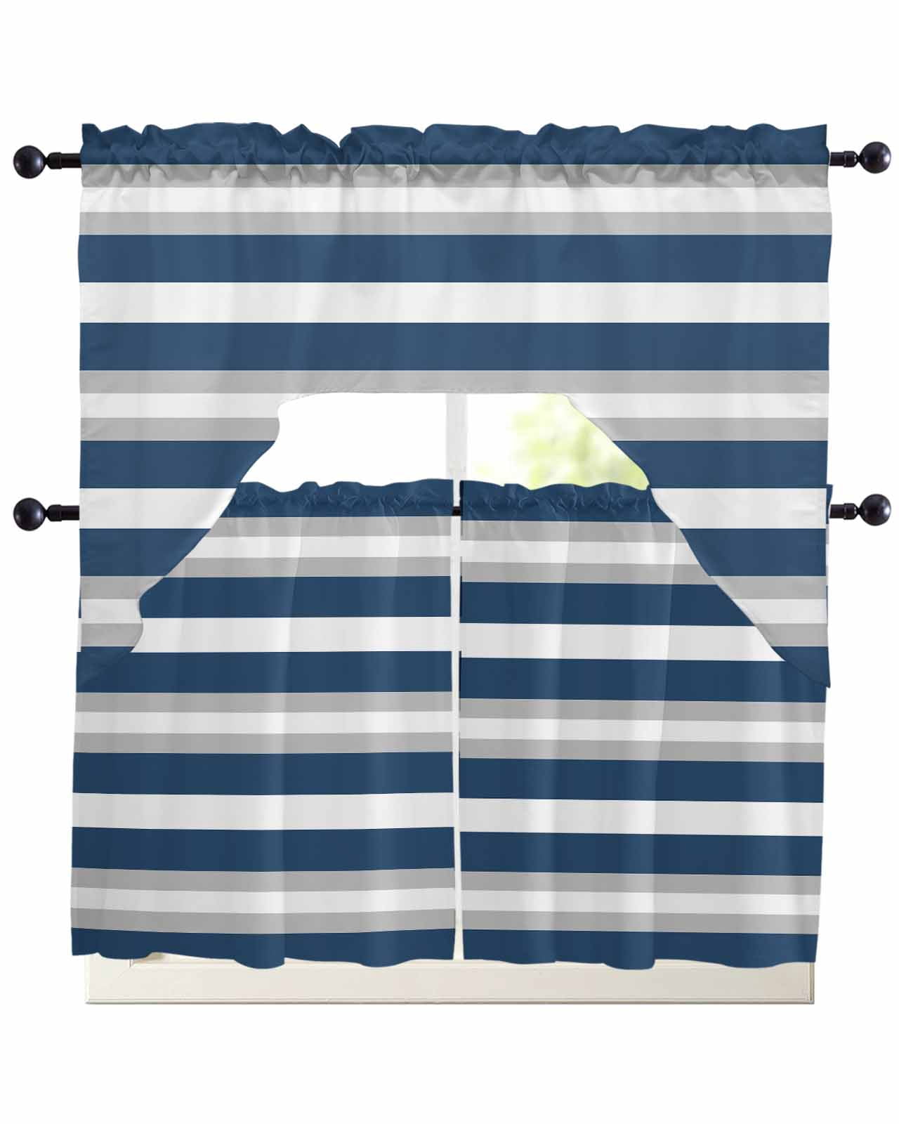 Photo inspiration: Visual Reference: Navy Blue Grey Stripe Kitchen Curtains Swag Valance And Tier