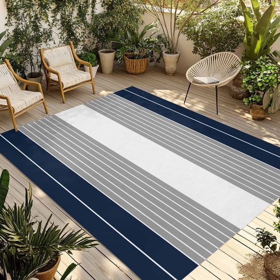 Navy Blue Grey Stripe Outdoor Rug 4x6 Ft - Reversible Patio Rug Outdoor Camping Rugs, Modern Art Horizontal Striped Washable Indoor Outdoor Area Rugs, Non-Slip Outdoor Carpet Runner for Deck/Porch