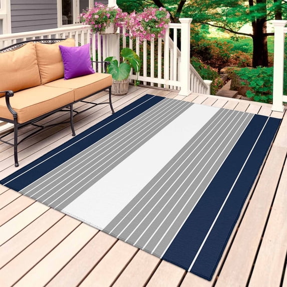 Navy Blue Grey Stripe Outdoor Rug 5x7 Ft, Non Slip Washable Area Rug, Modern Art Horizontal Striped Patio Rugs Carpet Runner, Large Floor Mat for Indoor/Outdoor Deck Porch Camping