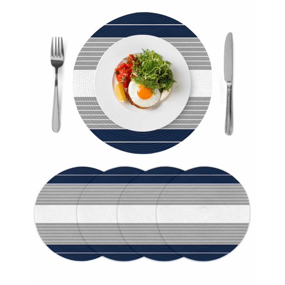 Navy Blue Grey Stripe Round 15 Inch Placemats Set of 4, Modern Art Horizontal Striped HeatResistant Non Slip Place Mats for Dining Table, Wipeable Braided Kitchen Table Mats for Housewarming