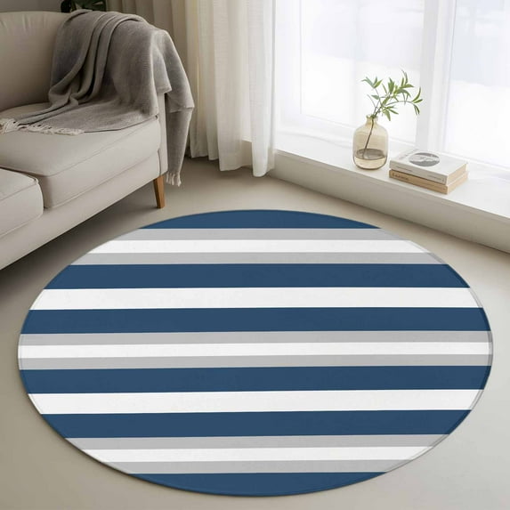 Navy Blue Grey Stripe Round Area Rug 3 FT, Small Kitchen Bathroom Mats, Minimalist Farmhouse Striped Washable Indoor Outdoor Throw Runner Carpet Non-Shedding Doormat for Table Shower Sofa Entryway