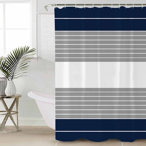 Navy Blue Grey Stripe Shower Curtain Set, Waterproof Shower Curtains for Bathroom, Modern Art Horizontal Striped Washable Fabric Cloth Bath Curtain for Bathtub Decoration with Hooks 72x78 Inches