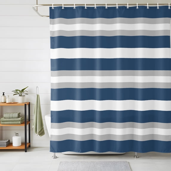 Navy Blue Grey Stripe Shower Curtains for Bathroom, Farmhouse Modern Art Striped Waterproof Fabric Shower Curtain, Decorative Bathroom Curtain for Bathtub, 72"x78" , No Hooks Included
