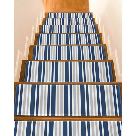 Navy Blue Grey Stripe Stair Treads for Wooden Steps Indoor Runner Rug Carpet, Farmhouse Minimalist Striped 15 Pieces Peel and Stick Staircase Step Treads Covers Washable Throw Door Mats, 30"x8"