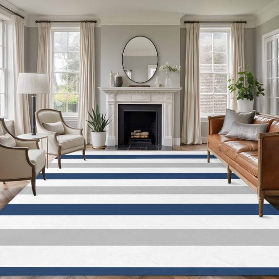Navy Blue Grey Stripe Washable Living Room Rugs 8'x10', Classic Modern Low Pile Throw Large Area Rug Non-Slip Sturdy Edge Binding Carpet for Bedroom Dining Room Office