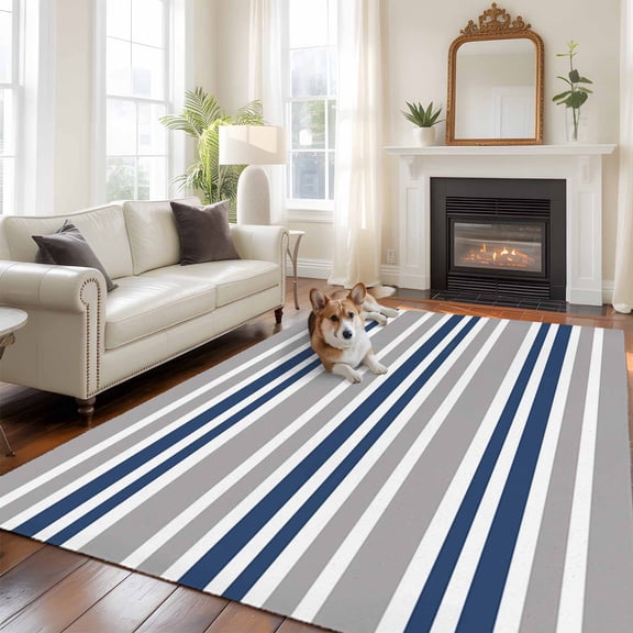 Navy Blue Grey Striped Area Rug 5x7 FT, Non Slip Bedroom Throw Carpet, Horizontal Lines Simple Minimalist Washable Soft Floor Carpet Non-Shedding Rug for Dining Room Bedside Classroom Desk