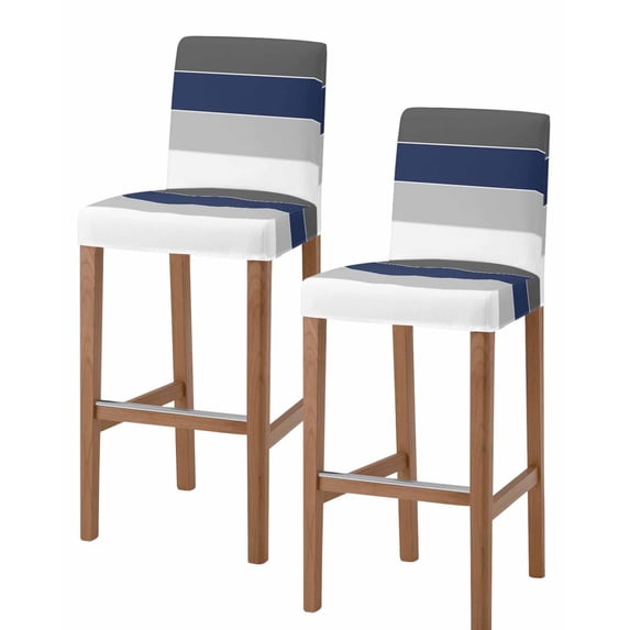 Navy Blue Grey Striped Bar Stool Covers Set of 2, Farmhouse Modern Stretch Washable Bar Chair Covers with Backs, Removable Pub Counter Height Chair Cover for Kitchen Dining Room Cafe