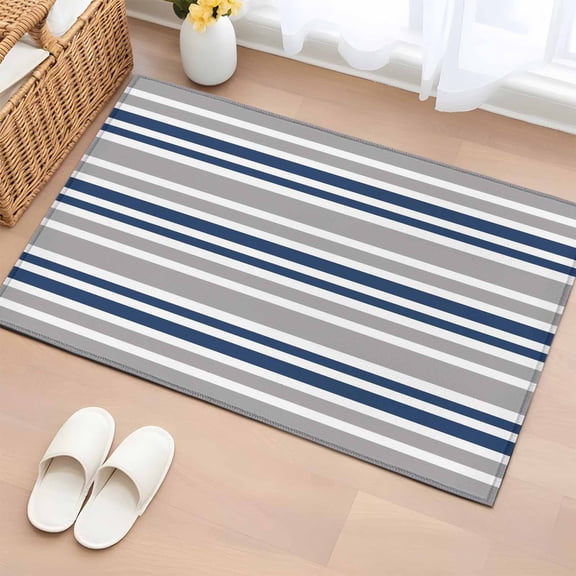 Navy Blue Grey Striped Bathroom Mats 2x3 FT,Non Slip Small Kitchen Mat,Horizontal Lines Simple Minimalist Washable Soft Backed Front Door Throw Rugs Indoor Outdoor Doormats for Entryway Sink