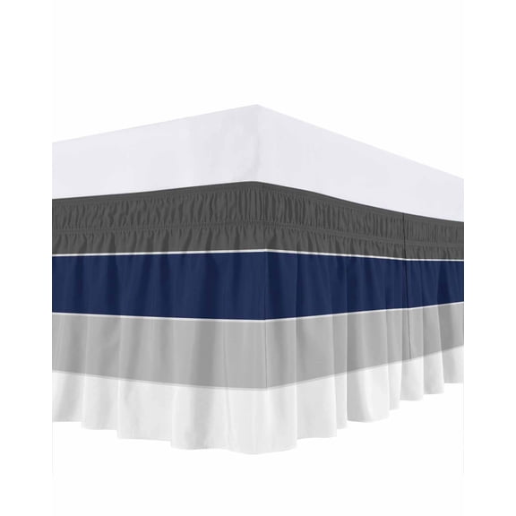 Navy Blue Grey Striped Bed Skirt Queen Size, Farmhouse Modern Wrap Around Bed Skirting with Adjustable Elastic Strap, Dust Ruffle Pleated Bedskirts 16 Inch Drop for Bedroom Queen Beds
