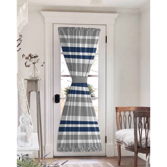 Navy Blue Grey Striped Blackout Door Curtains for French, Glass,Front, Back, Patio Door, Horizontal Lines Simple Minimalist Thermal Insulated Rod Pocket Window Curtain Drapes With Tiebacks 25"x72"