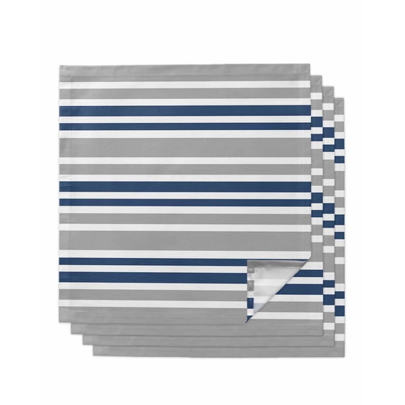 Navy Blue Grey Striped Cloth Napkins Set of 4 Reusable Dinner Napkins, Horizontal Lines Simple Minimalist Cocktail Napkin Washable Table Napkins for Wedding/Holiday Party/Baby Shower 20"x20"