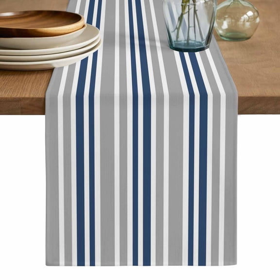 Navy Blue Grey Striped Cotton Linen Table Runner for Dining Kitchen, Horizontal Lines Simple Minimalist Wedding Outdoor Party Tablerunners, Dresser Scarf Coffee Tablecloth Runners 13x48 Inches