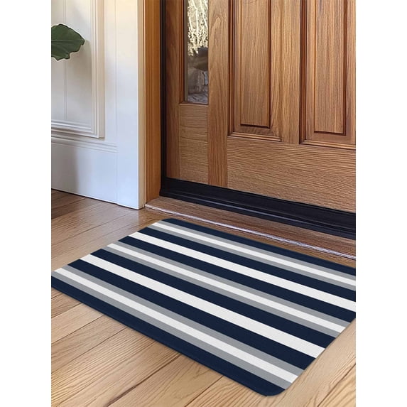 Navy Blue Grey Striped Door Mat Indoor Outdoor Entrance, Non Slip Small Rug for Kitchen Bathroom Entryway Rug, Farmhouse Stripes Minimalist Washable Doormat Floor Mat for Office 18x30 Inch