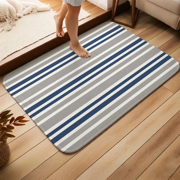Navy Blue Grey Striped Doormat Bathroom Rugs,Non Slip Entrance Front Back Floor Rug,Horizontal Lines Simple Minimalist Absorbent Washable Welcome Rug Indoor Outdoor Door Mat 19.7x31.5 Inches