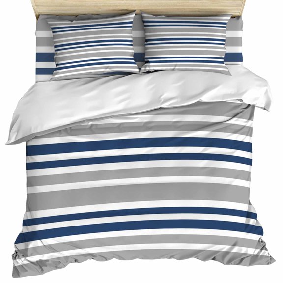 Navy Blue Grey Striped Duvet Cover Set, Horizontal Lines Simple Minimalist Soft Duvet Cover Full Size Bedding Set 4 Pieces, 1 Quiltcover and 2 Pillowcases with Zipper, 1 Bed Sheet for All Seasons