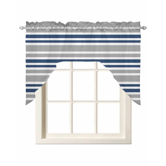 Navy Blue Grey Striped Kitchen Swag Valances for Windows, Horizontal Lines Simple Minimalist Swag Valances Curtains for Living Room, Rod Pocket Window Treatments for Bathroom, Bedroom, Cafe, 56"x36"