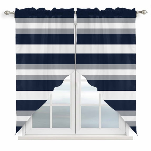 Navy Blue Grey Striped Kitchen Window Curtains, Swag Curtains Valance for Bedroom Living Room Bathroom, Farmhouse Stripes Minimalist Rod Pocket Window Treatment Curtain Block Drapes 2 Panels 36"x45"