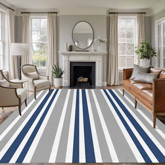 Navy Blue Grey Striped Large Area Rug 8x10 FT, Non Slip Living Room Throw Carpet, Horizontal Lines Simple Minimalist Washable Soft Indoor Outdoor Carpet Non-Shedding Rug for Bedroom Dining Room