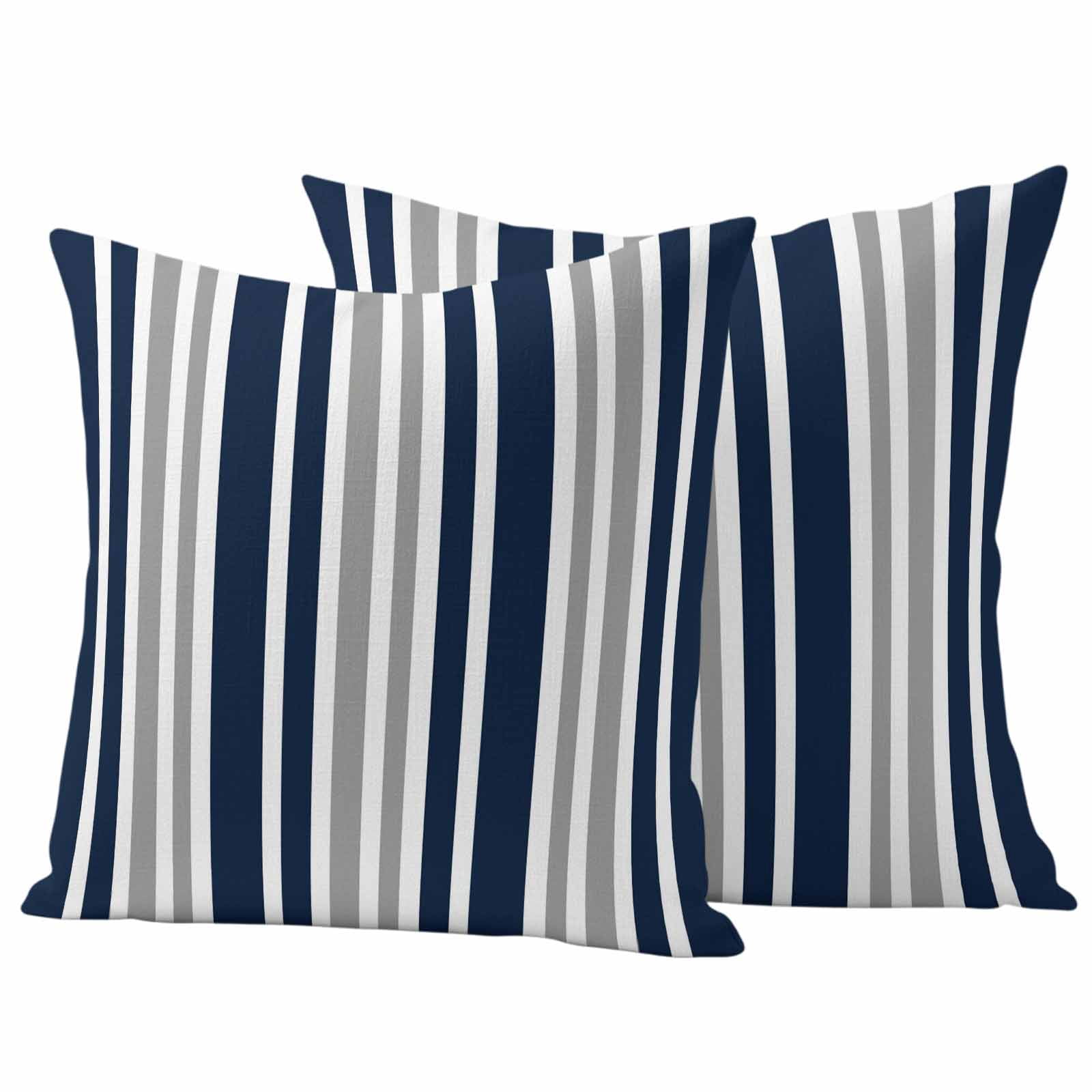 Navy Blue Grey Striped Outdoor Waterproof Pillow Covers, Modern Minimalist Ombre Lines Decorative Square Throw Pillowcase Sofa Cushion Sham for Patio/Couch/Chair, 24"x24" 2 Pack